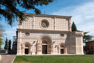 Beautiful Romanesque portal of the basilica Santa Maria di Collemaggio in L'Aquila, Italy
