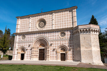 Beautiful Romanesque portal of the basilica Santa Maria di Collemaggio in L'Aquila, Italy