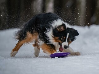 A dog plays with a disc in the snow