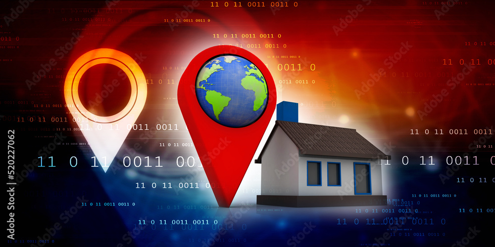 Poster 3d illustration search for property .a map with large red gps pointer containing