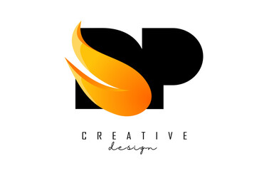 Vector illustration of abstract letters DP d p with fire flames and Orange Swoosh design.
