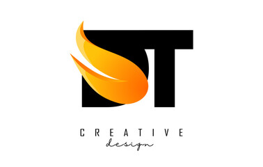 Vector illustration of abstract letters DT d t with fire flames and Orange Swoosh design.