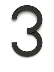 Number 3 made of several black simple geometric shapes lying on top of each other with 3D effect and shadows on white background, 3d rendering