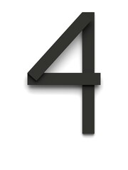 Number 4 made of several black simple geometric shapes lying on top of each other with 3D effect and shadows on white background, 3d rendering