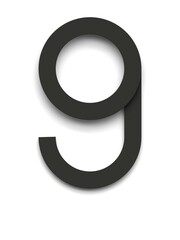Number 9 made of several black simple geometric shapes lying on top of each other with 3D effect and shadows on white background, 3d rendering