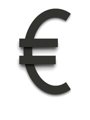 Euro sign made of several black simple geometric shapes lying on top of each other with 3D effect and shadows on white background, 3d rendering