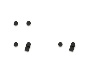 Punctuation marks made of several black simple geometric shapes lying on top of each other with 3D effect and shadows on white background, 3d rendering