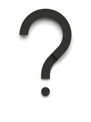 Question mark made of several black simple geometric shapes lying on top of each other with 3D effect and shadows on white background, 3d rendering