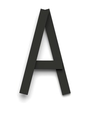 Letter A made of several black simple geometric shapes lying on top of each other with 3D effect and shadows on white background, 3d rendering