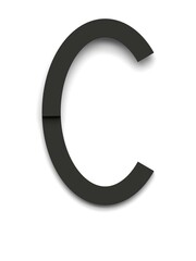 Letter C made of several black simple geometric shapes lying on top of each other with 3D effect and shadows on white background, 3d rendering