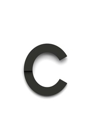Small letter c made of several black simple geometric shapes lying on top of each other with 3D effect and shadows on white background, 3d rendering