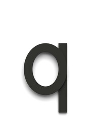 Small letter q made of several black simple geometric shapes lying on top of each other with 3D effect and shadows on white background, 3d rendering