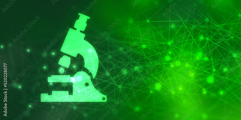 Poster 2d rendering virus testing microscope with medicine bottle