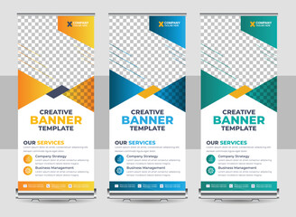 Business Roll Up Banner, corporate Roll up background for Presentation. Vertical roll up, x-stand, exhibition display banner template