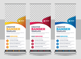 Obraz premium Creative business agency stands roll up banner design template layout for exhibition with Three colors, editable roll-up banner vector template, business roll up display standee for presentation