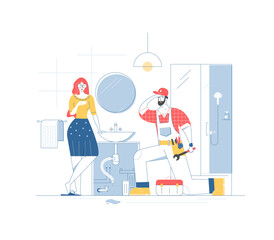 A plumber is installing or repairing a sink or pipe leak in a bathroom. Woman is watching the repairman working. Trendy plumbing services flat vector illustration.