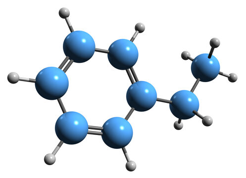 3D image of ethylbenzene skeletal formula - molecular chemical structure of alpha-Methyltoluene isolated on white 

background

