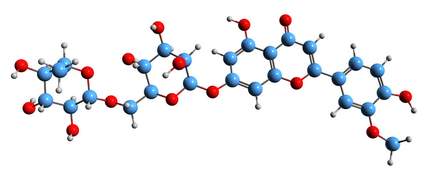  3D image of Diosmin skeletal formula - molecular chemical structure of diosmetin 7-O-rutinoside isolated on white background
