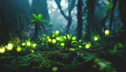 Fotobehang Exotisch mistig bos. Jungle panorama, bos oase. Mistig donker bos. Natuurlijk boslandschap. 3D illustratie. © MiaStendal