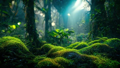 Foto op Plexiglas Exotisch mistig bos. Jungle panorama, bos oase. Mistig donker bos. Natuurlijk boslandschap. 3D illustratie. © MiaStendal