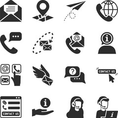 Contact us icons set. Technical support. Contact the company. Call centre. Feedback. Monochrome black and white icon.