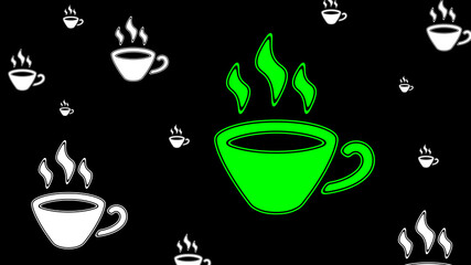 Green coffee icon on black background. Illustration.