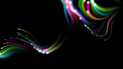 Multicolored flowing particles on black background. Illustration.