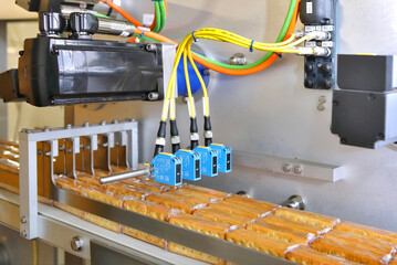 Large biscuit factory. A line of biscuits in a large factory. Packing crackers on the machine. Innovative production.