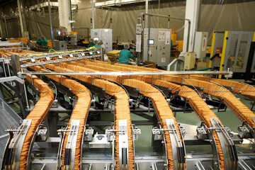 Large biscuit factory. A line of biscuits in a large factory. Packing crackers on the machine. Innovative production.