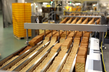 A lot of cookies on the production line. The flow of sweets before packaging. Packing crackers on the machine. Innovative production.