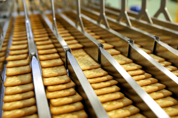 A lot of cookies on the production line. The flow of sweets before packaging. Packing crackers on the machine. Innovative production.