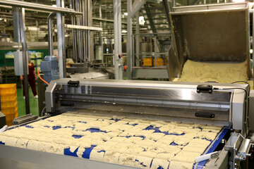 Dough cutting line for biscuits. The latest biscuit production line. Large biscuit factory.