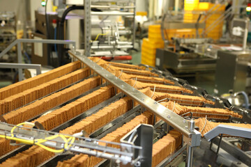 A lot of cookies on the production line. The flow of sweets before packaging. Packing crackers on the machine. Innovative production.