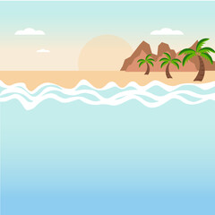 Fototapeta na wymiar Simple flat illustration of summer coastline with mountain, palm trees and sunset view
