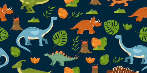Obraz premium Seamless pattern with dinosaurs volcanoes and tropical plants Wild animal illustration for kids. Vector illustration design for fashion fabrics, textile graphics, prints.