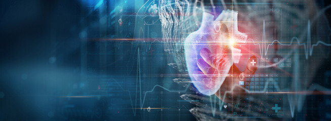 Cardiologist doctor diagnosis patient heart functions and blood vessel on virtual dashboard....