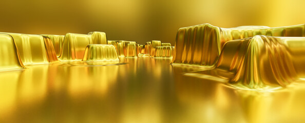 GOLD canyon with gold lake, futuristic background of metal gold with empty space for text. 3d illustration