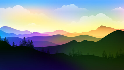 Fototapeta na wymiar Colorful mountains landscape in the foggy morning Vector illustration