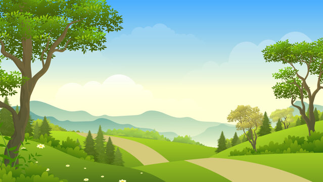 Beautiful green fields with footpath at daytime vector illustration