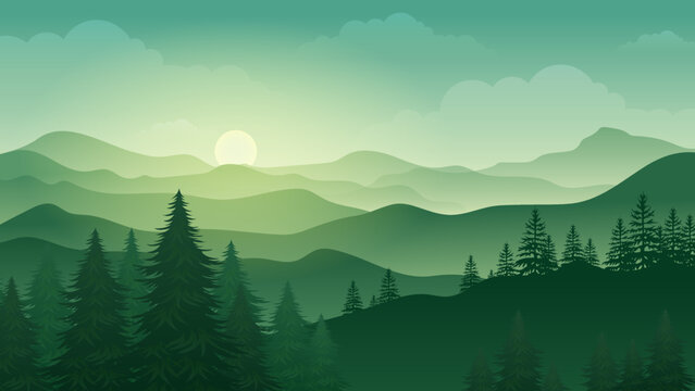Green mountains landscape in the foggy morning Vector illustration © Astira