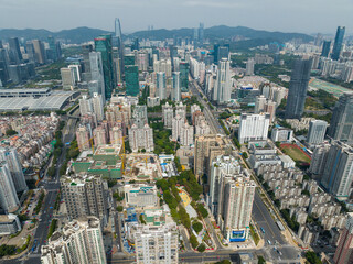 Drone fly over Shenzhen city, Futian District