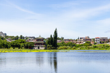 Fototapeta premium Gugang Tower and Gugang Lake in Kinmen of Taiwan