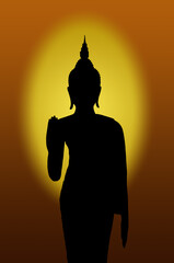 Standing Buddha image in posture of giving blessings,the background is a yellow-orange light.