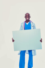 Male doctor holding empty placard. Doctor. Billboard