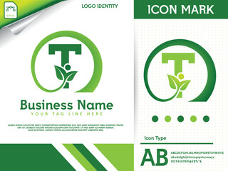 Natural letter t with leaf colorful logo template