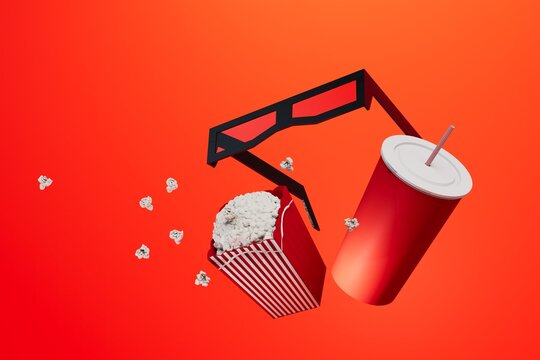 modern technologies. online cinema. mobile cinema. popcorn, cola and 3d glasses on a red background. 3d render. 3d illustration