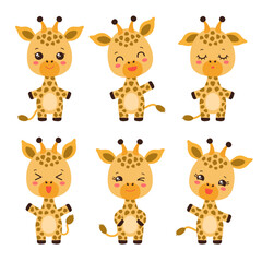 Kawaii giraffe emoticons facial expressions. Emoji animal icons. Giraffe chibi style cartoon character emotions - calm, happy, laughing, smiling, waving, winking. Baby giraffe vector illustration.