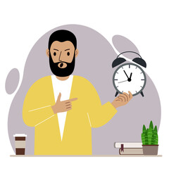 Modern concept of time management illustration. A screaming man holds an alarm clock in his hand and the second points to it.