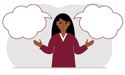 A sad woman tries to make the right decision. Left and right empty bubbles. Comparison of the two solutions.