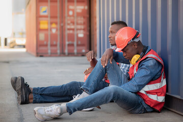 2 African lack man worker wearing safety uniform workwear and sitting on the floor leaning against the container, there is stressed and no work to do, economic recession due to inflation.